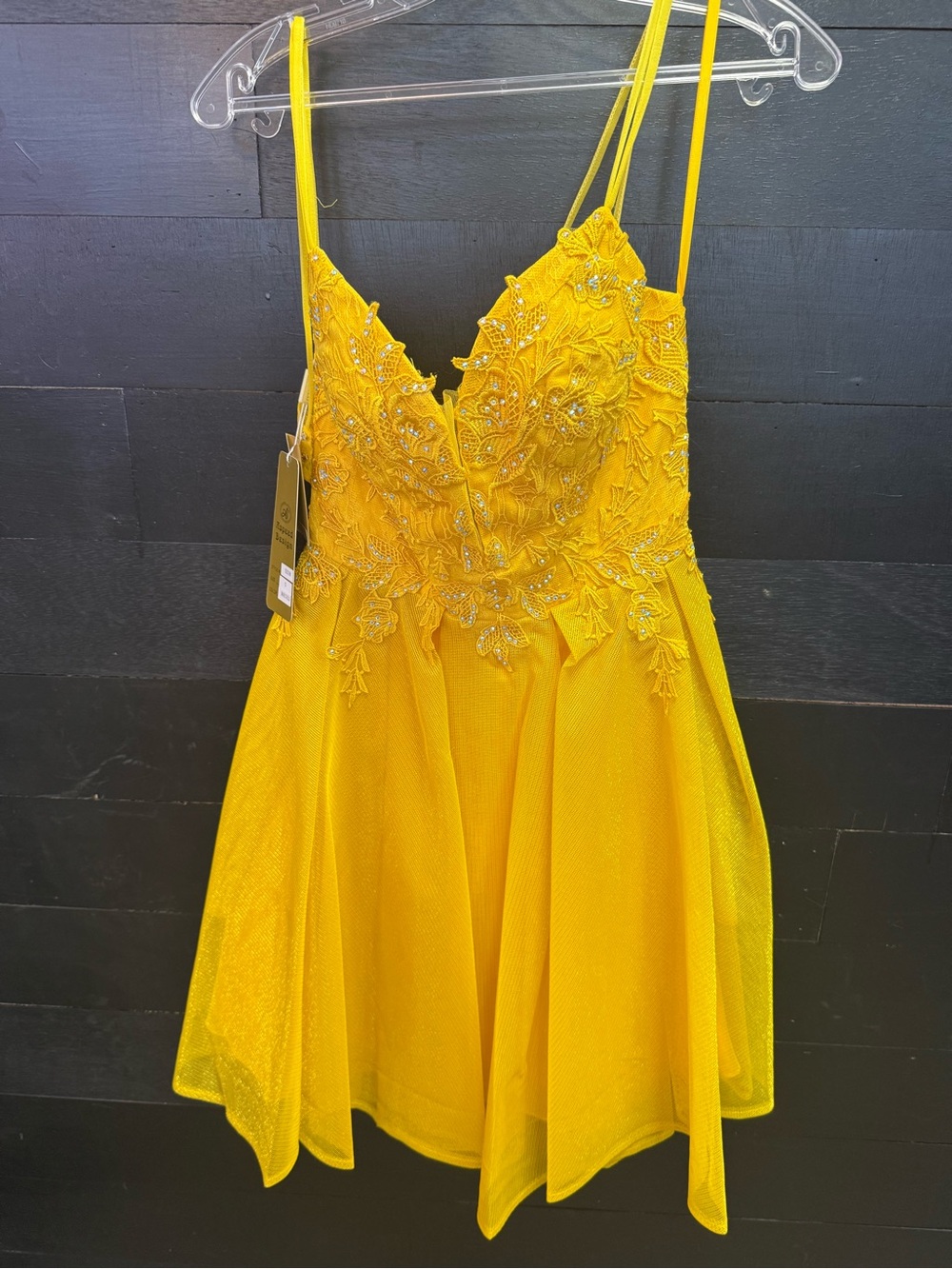 Yellow Embellished A-Line Mini Dress with Spaghetti Straps